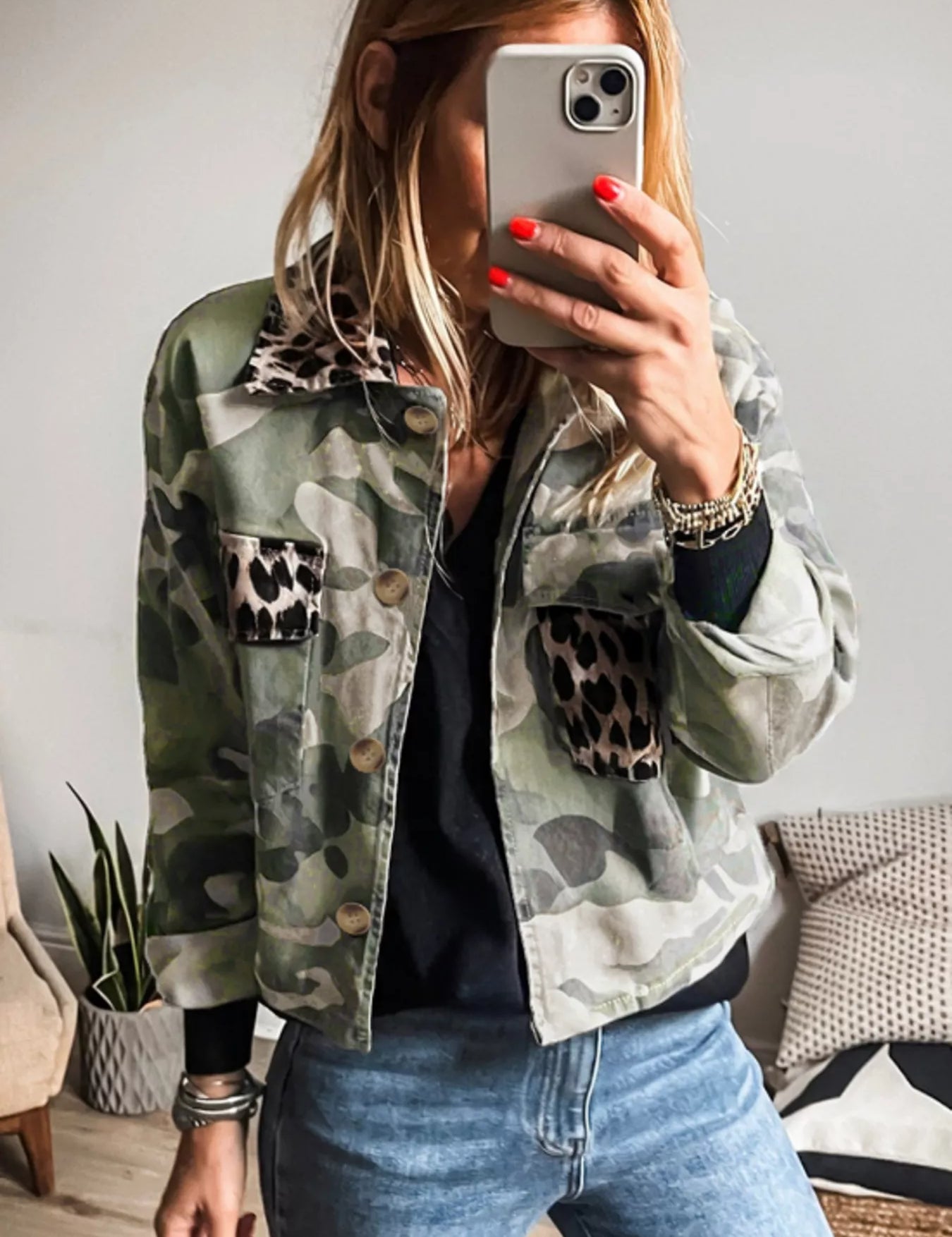 Camo Print Leopard Trim Button Up Jacket | Jackets Daverri Fashions