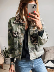 Camo Print Leopard Trim Button Up Jacket | Jackets Daverri Fashions