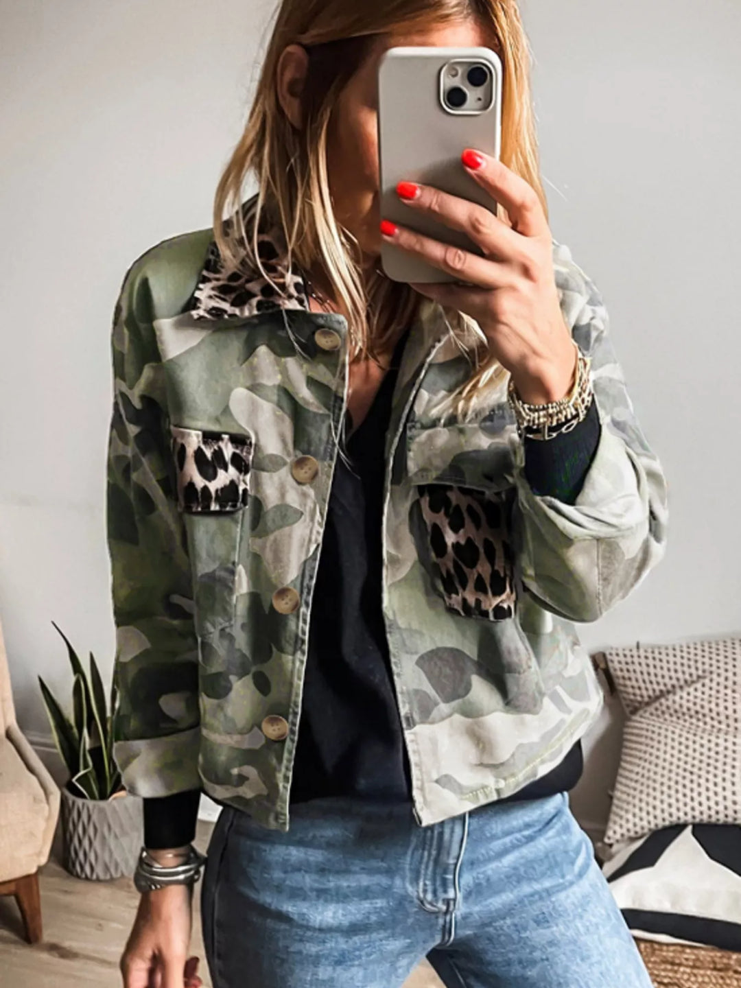 Camo Print Leopard Trim Button Up Jacket | Jackets Daverri Fashions