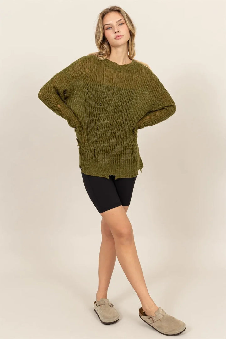 HYFVE Distressed Long Sleeve Knit Top | Knit Tops Daverri Fashions