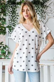 Heimish Full Size Star Print Short Sleeve V-Neck Waffle Knit T-Shirt | Daverri Fashions