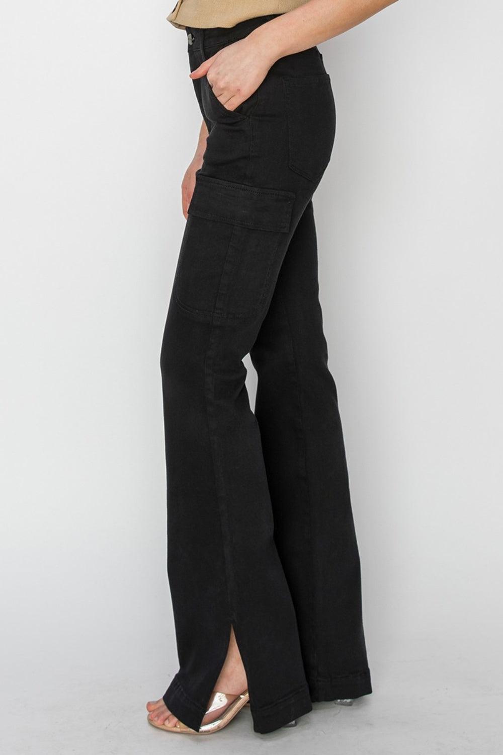 RISEN Full Size High Rise Side Slit Cargo Bootcut Jeans Jeans