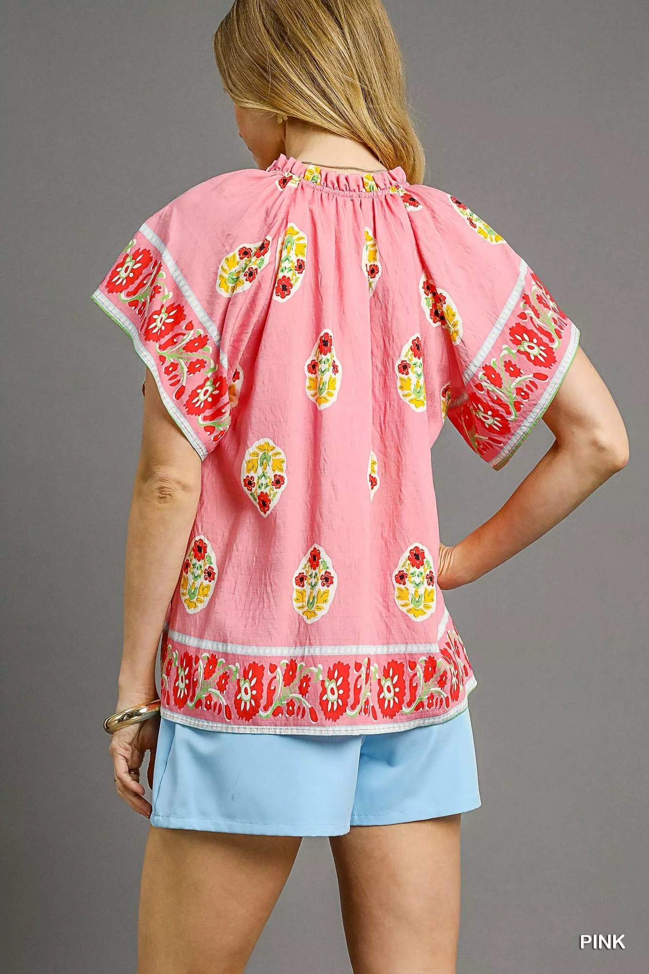 Umgee Boho Bloom Border Top: pink embroidered floral top