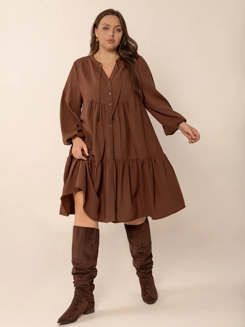 Plus Size Tie Neck Balloon Sleeve Tiered Dress | Daverri Fashions
