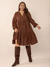 Plus Size Tie Neck Balloon Sleeve Tiered Dress | Daverri Fashions