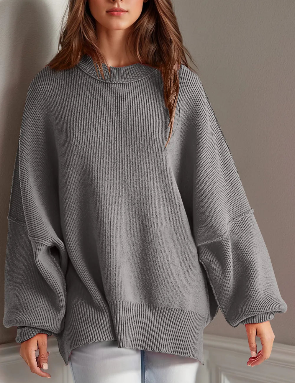 Gray Side Slit Round Neck Long Sleeve Sweater | Sweaters Daverri Fashions