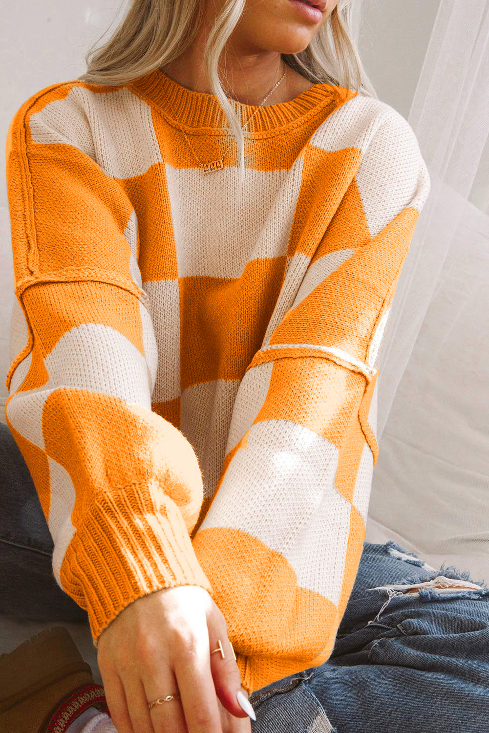 Checkered Bishop Sleeve Sweater | Sweaters Daverri Fashions