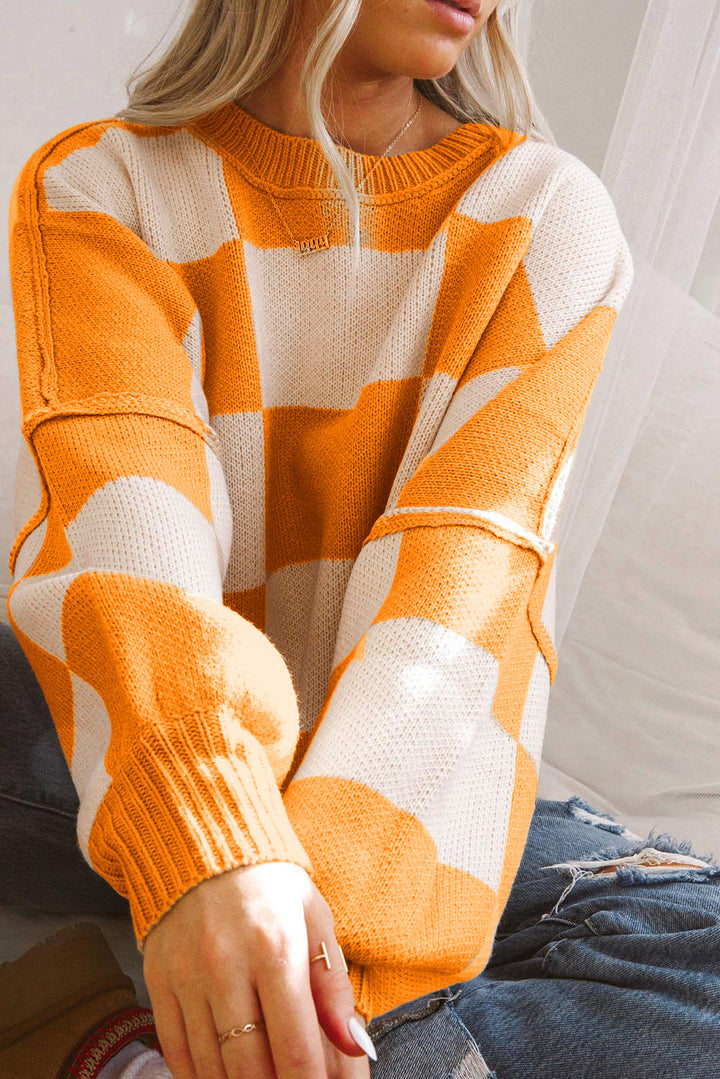 Checkered Bishop Sleeve Sweater | Sweaters Daverri Fashions