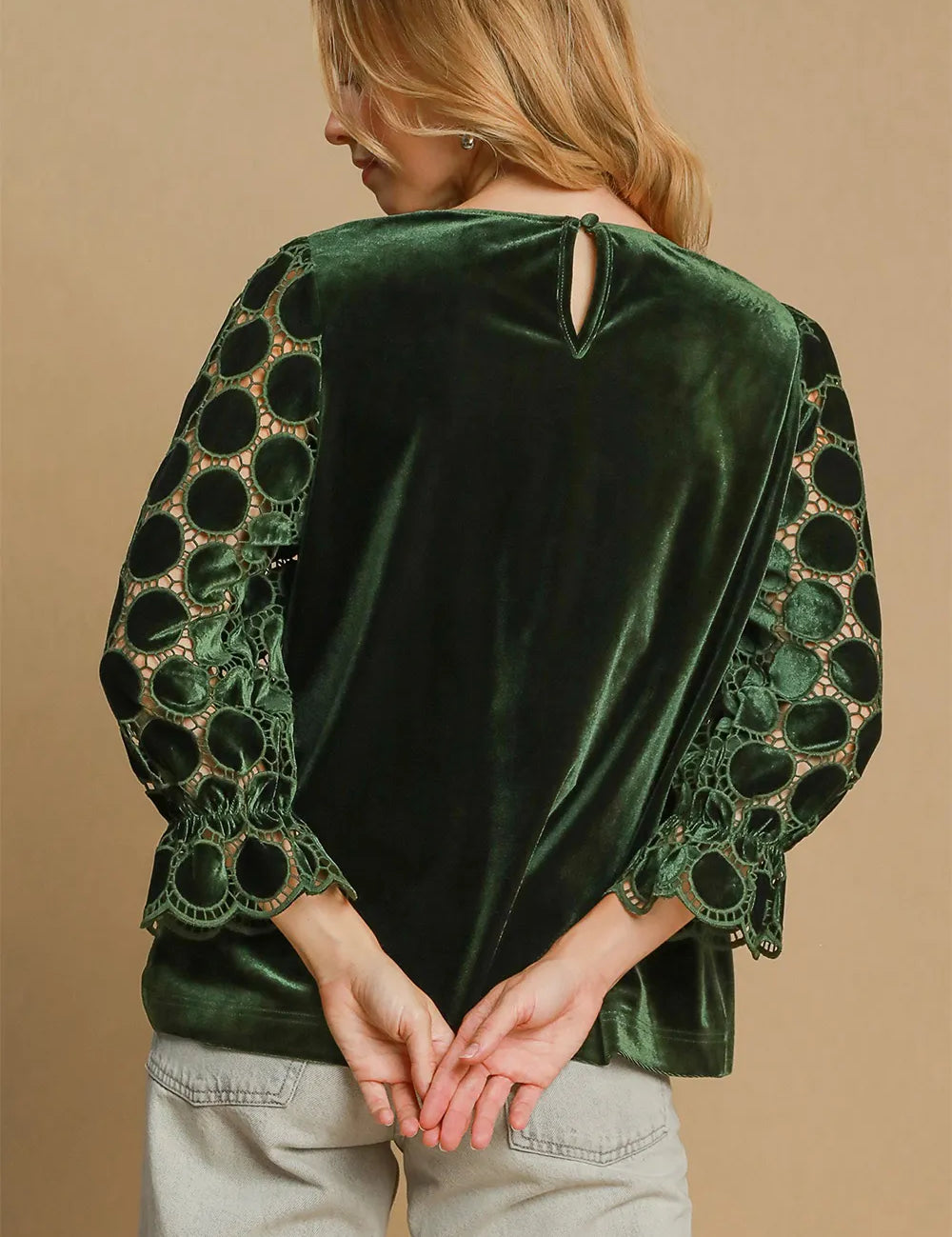 Umgee Polka Dot Lace Long Sleeve Round Neck Blouse | Blouses Daverri Fashions