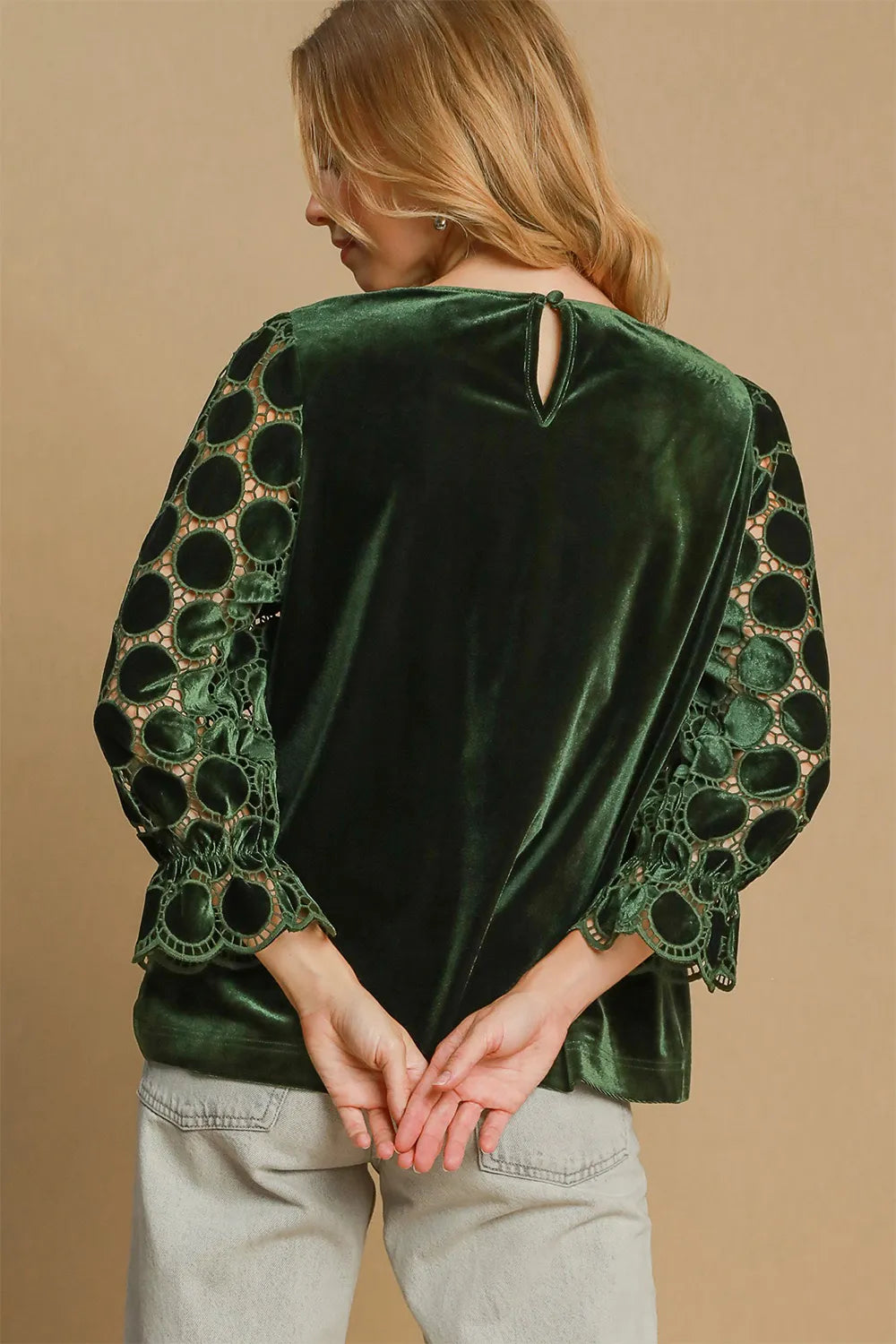Umgee Polka Dot Lace Long Sleeve Round Neck Blouse | Blouses Daverri Fashions
