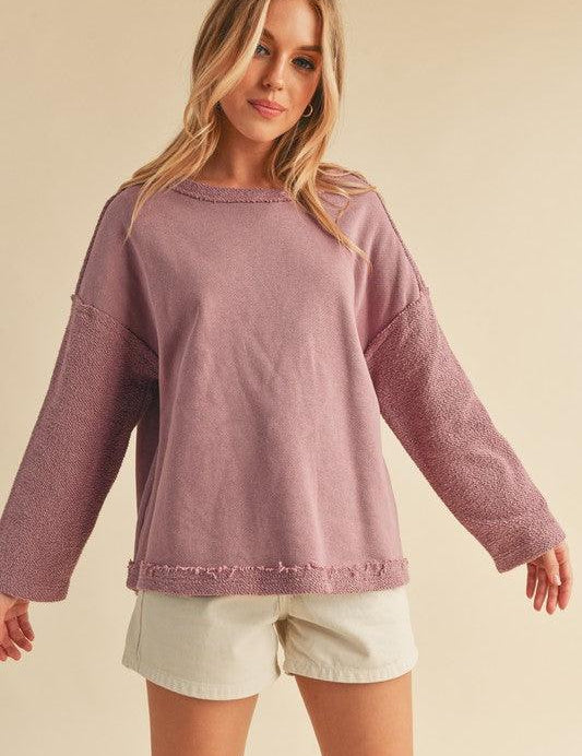Dusty Pink M Aemi + Co Frayed Edge Round Neck Sweatshirt | Sweatshirts Daverri Fashions