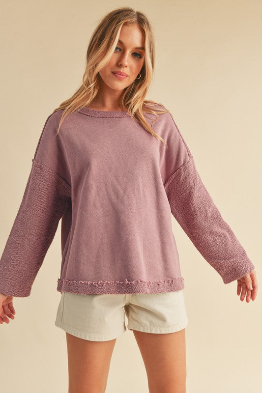 Aemi + Co Frayed Edge Round Neck Sweatshirt Dusty Pink Sweatshirts