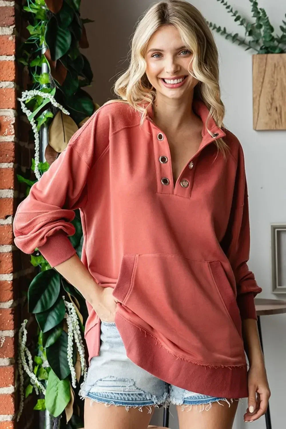 First Love Grommet Split Neck Kangaroo Pocket Sweatshirt - DAVERRI FASHIONS