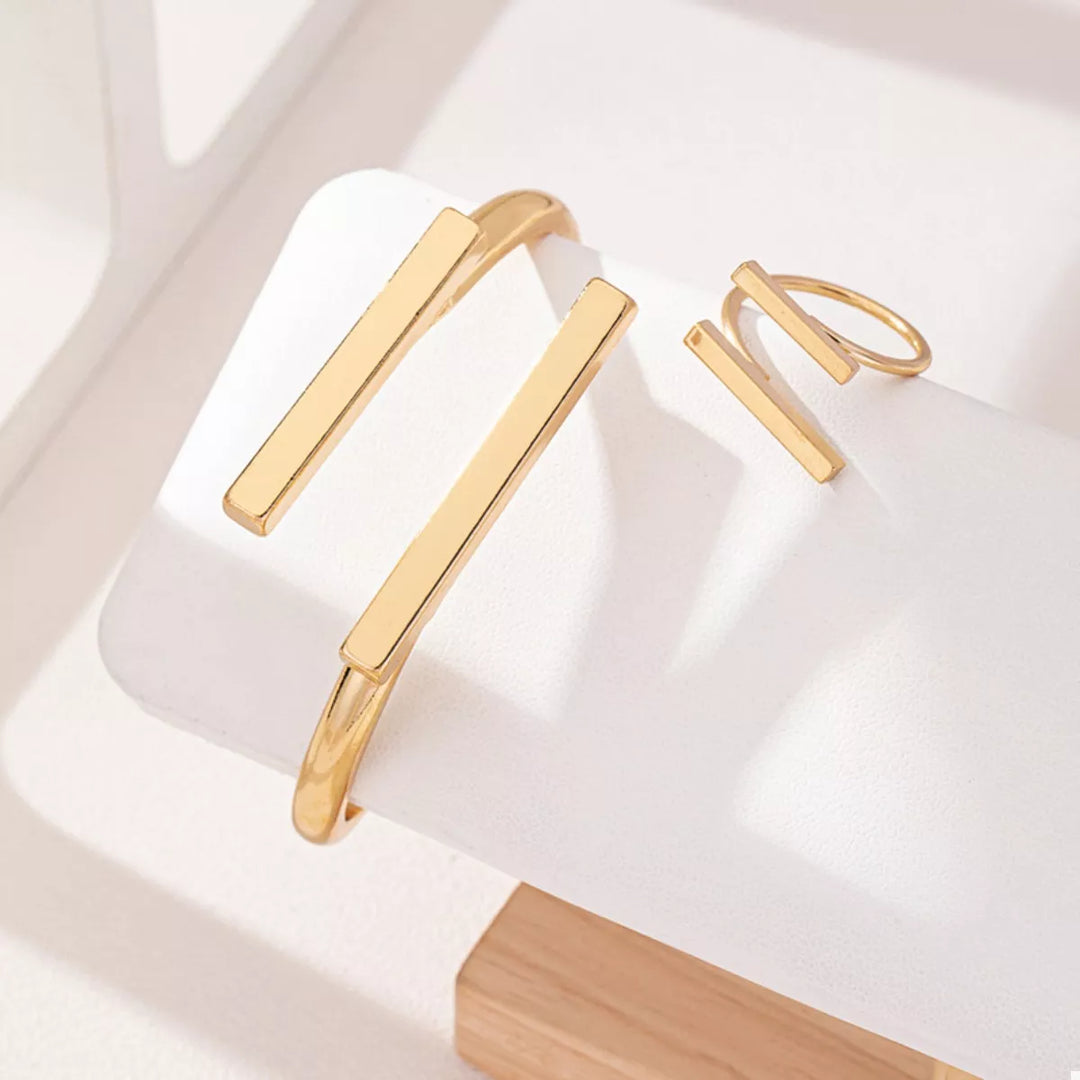 Adjustable 18K Gold-Plated Modern Bar Bracelet and Ring Jewelry Set | Jewelry Sets Daverri Fashions