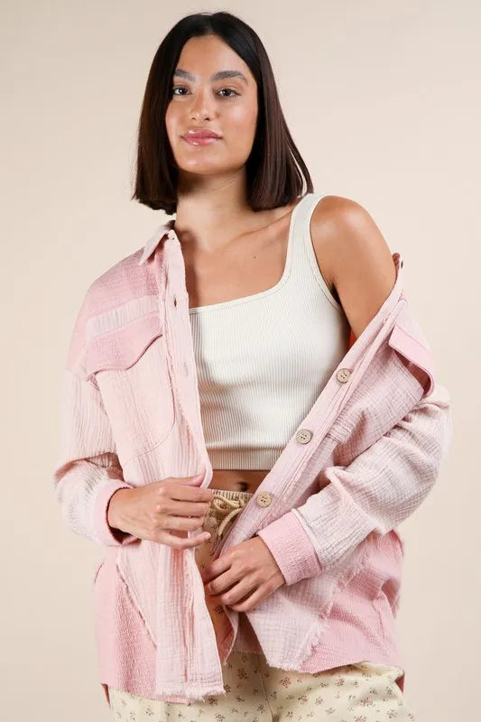 VERY J Mineral Washed Oversized Gauze Shacket Blush Shackets