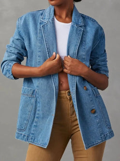 Pocketed Lapel Collar Long Sleeve Denim Jacket - DAVERRI FASHIONS