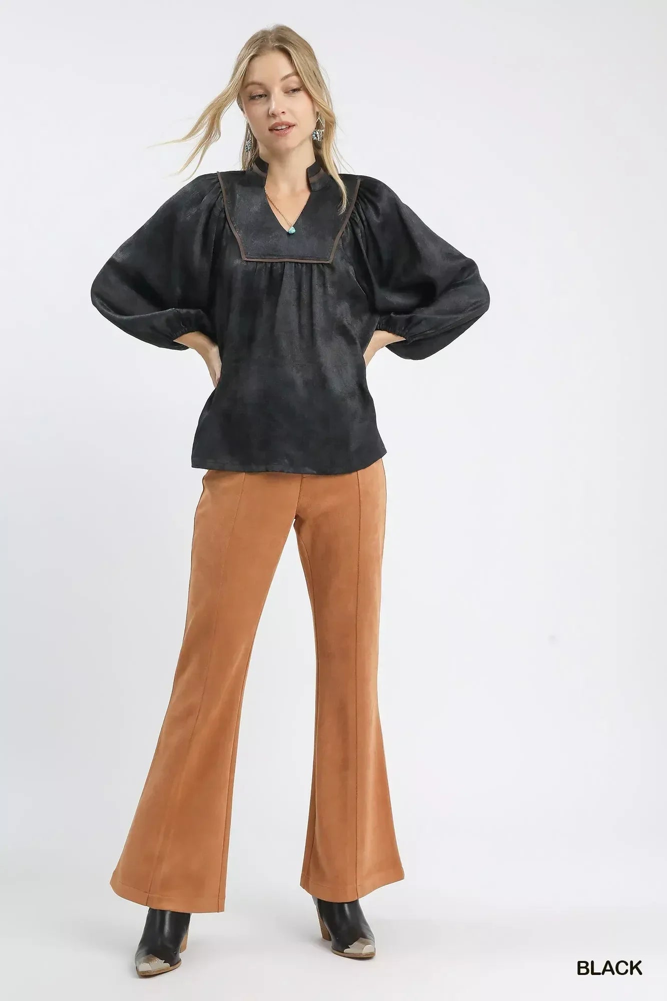 Umgee Crinkle Brocade Long Sleeve Blouse - DAVERRI FASHIONS