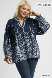Umgee Midnight Floral Vine Print Blouse with Balloon Sleeves Plus Size | Blouses Daverri Fashions