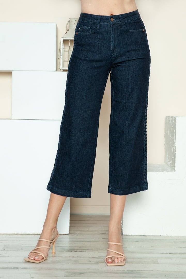 Judy Blue Full Size Side Seam Braid Detail Crop Wide Leg Jeans Dark Jeans