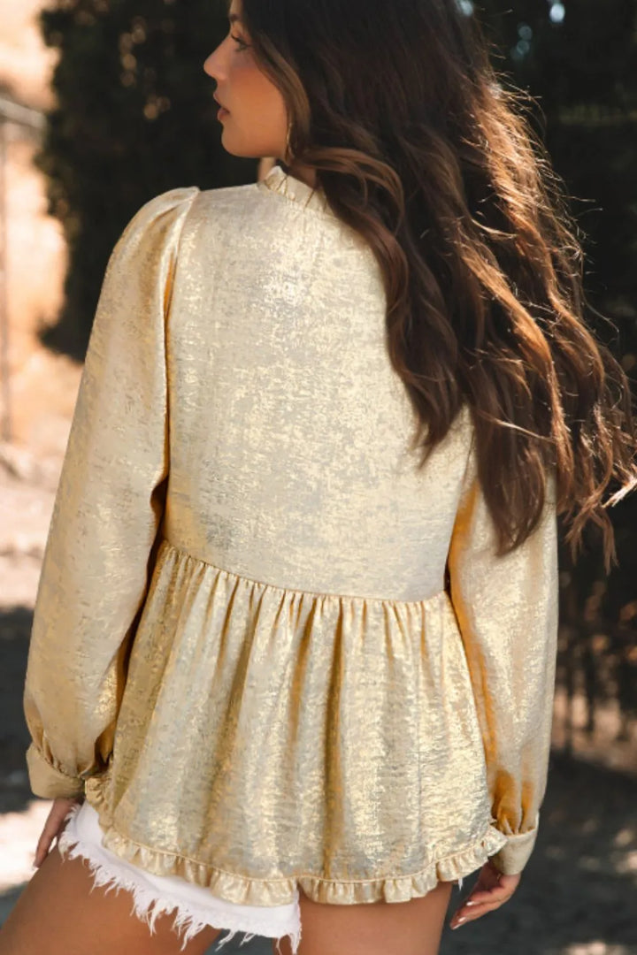 Frill Peplum V-Neck Long Sleeve Blouse | Blouses Daverri Fashions