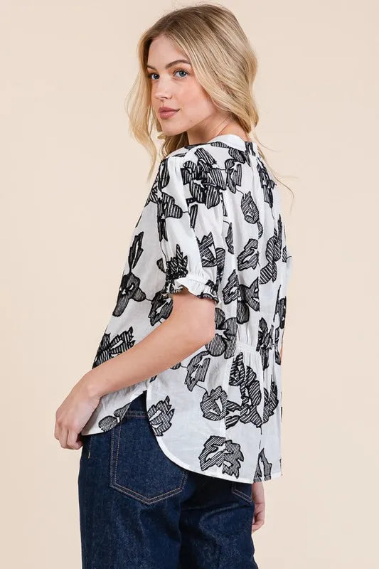 Lime 'N' Chili Embroidered Split Neck Puff Sleeve Blouse