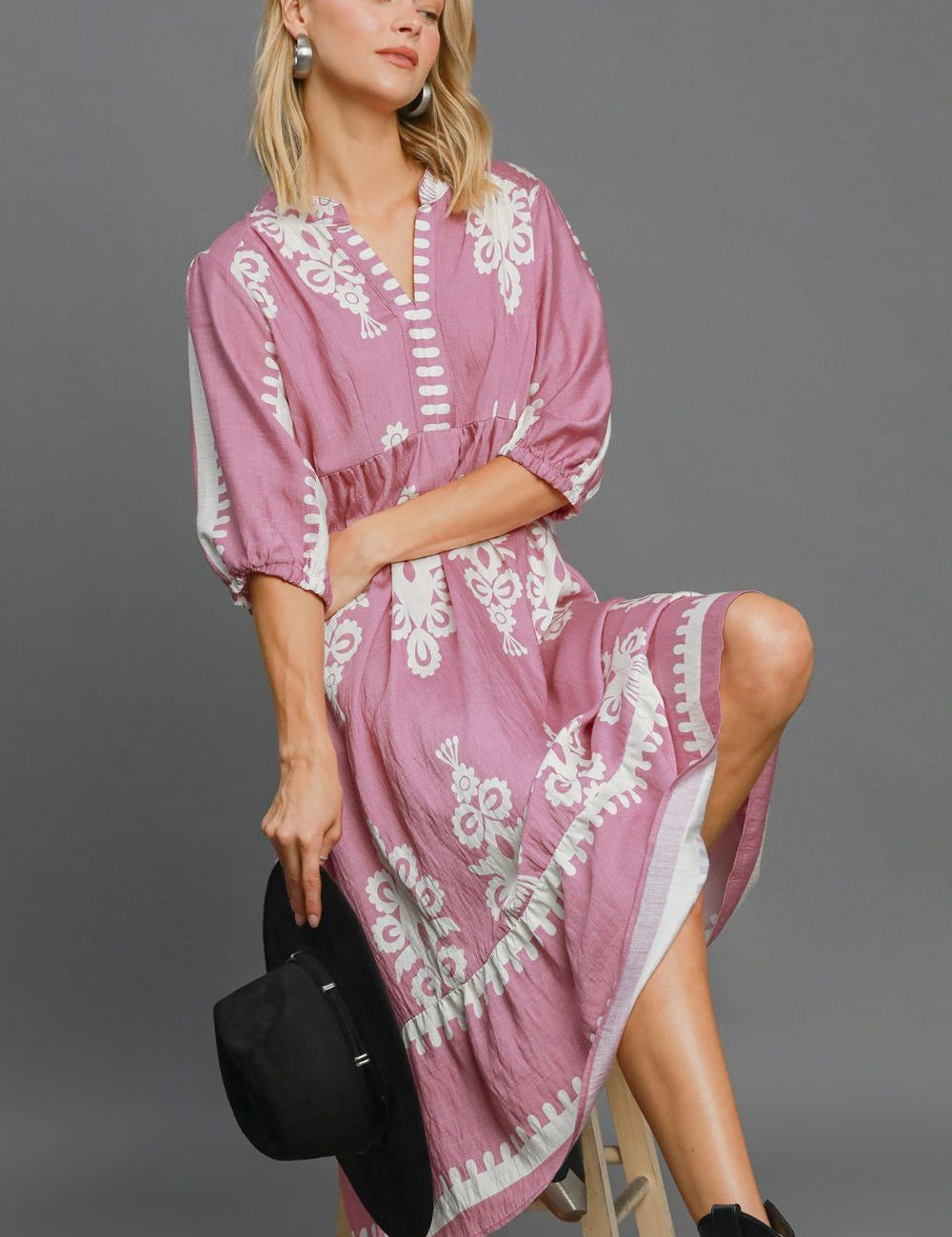 Umgee Printed Notched Midi Dress Midi Dresses