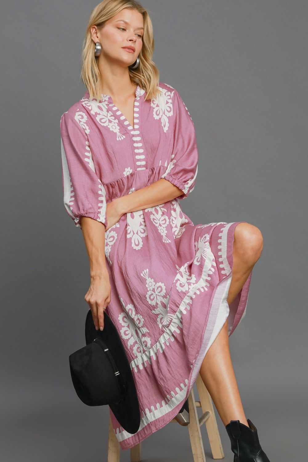 Umgee Printed Notched Midi Dress Midi Dresses