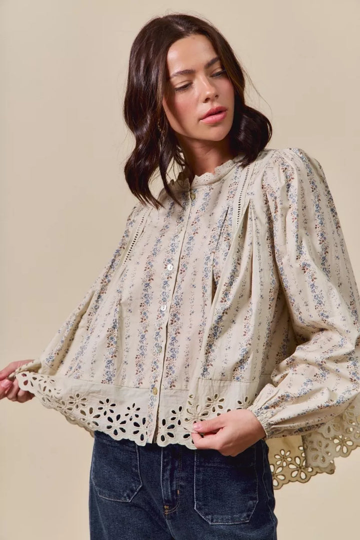 SO ME Floral Print Lace Button Down Shirt | Daverri Fashions