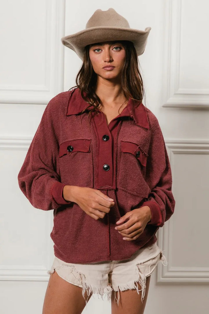 BiBi Cp French Terry Cut Edge Detail Collared Top | Tops Daverri Fashions