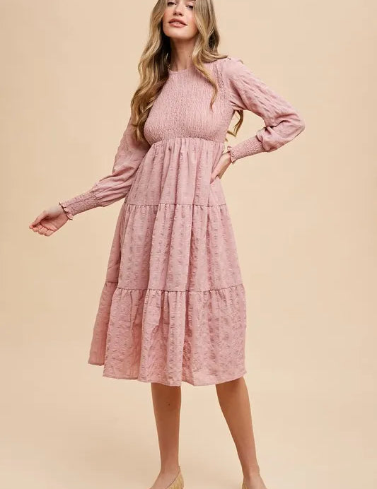 Annie Wear Textured Smocking Bodice Tiered Midi Dress | Daverri Fashions