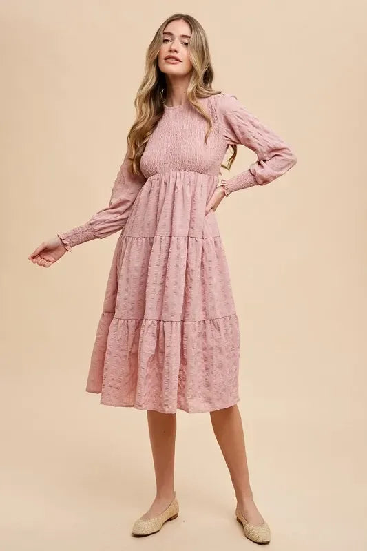Annie Wear Textured Smocking Bodice Tiered Midi Dress - DAVERRI FASHIONS