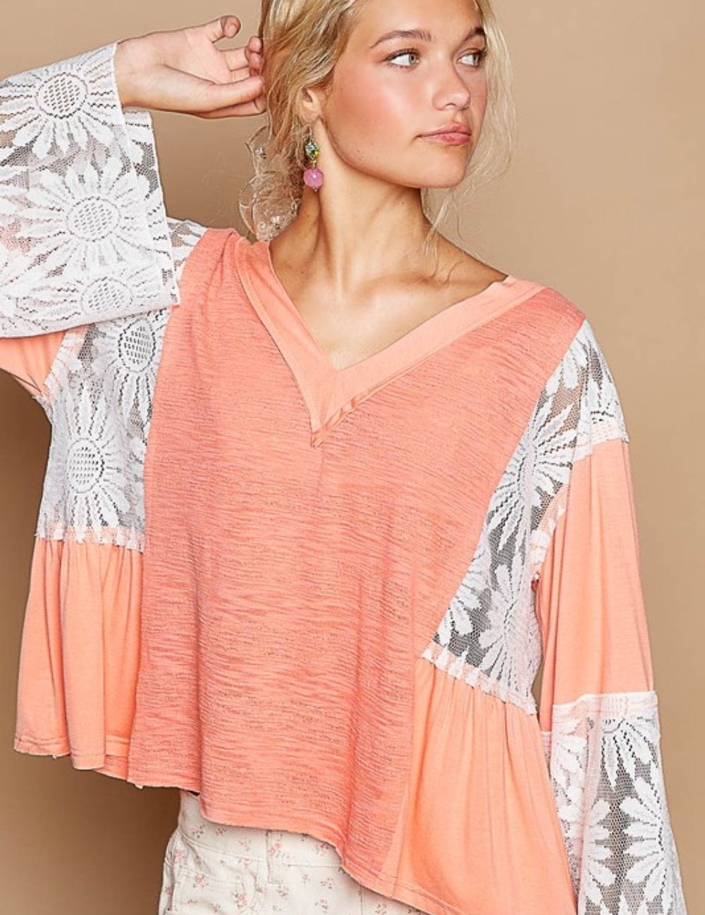 POL Lace Detail V-Neck Flare Sleeve Blouse Coral Tops