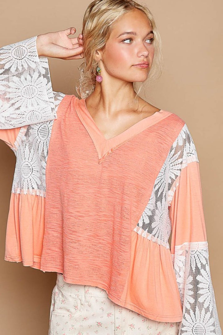 POL Lace Detail V-Neck Flare Sleeve Blouse Coral