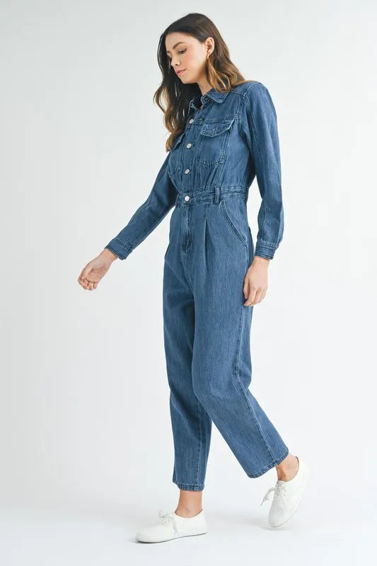 MABLE Cinched Waist Straight Leg Denim Jumpsuit Jumpsuits