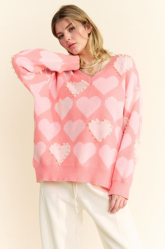 Davi & Dani Heart Pearl Side Slit V Neck Sweater Pink Multicolor S Tops