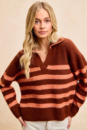 BiBi Striped Sweater Top with Collar Stitched Details | Sweaters Daverri Fashions
