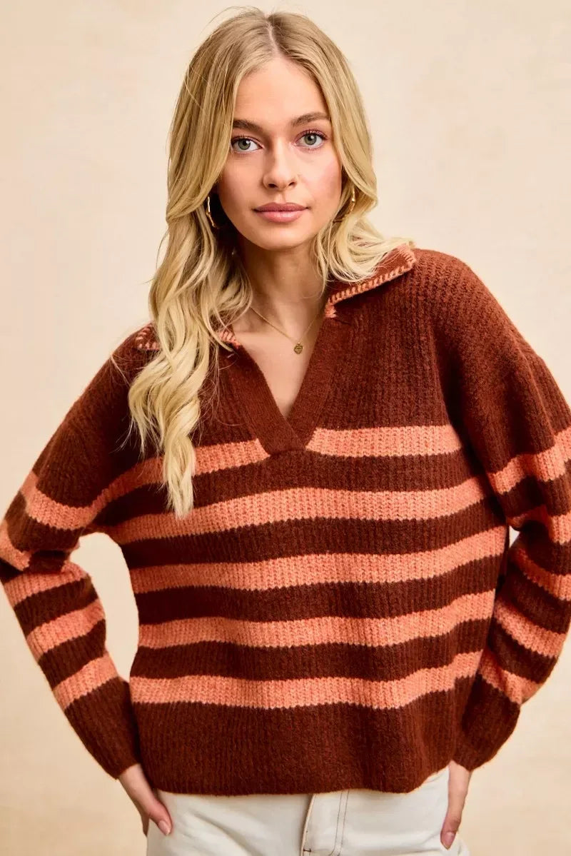 BiBi Striped Sweater Top with Collar Stitched Details - DAVERRI FASHIONS