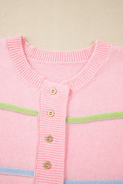 Contrast Striped Half Button Round Neck Sweater | Sweaters Daverri Fashions