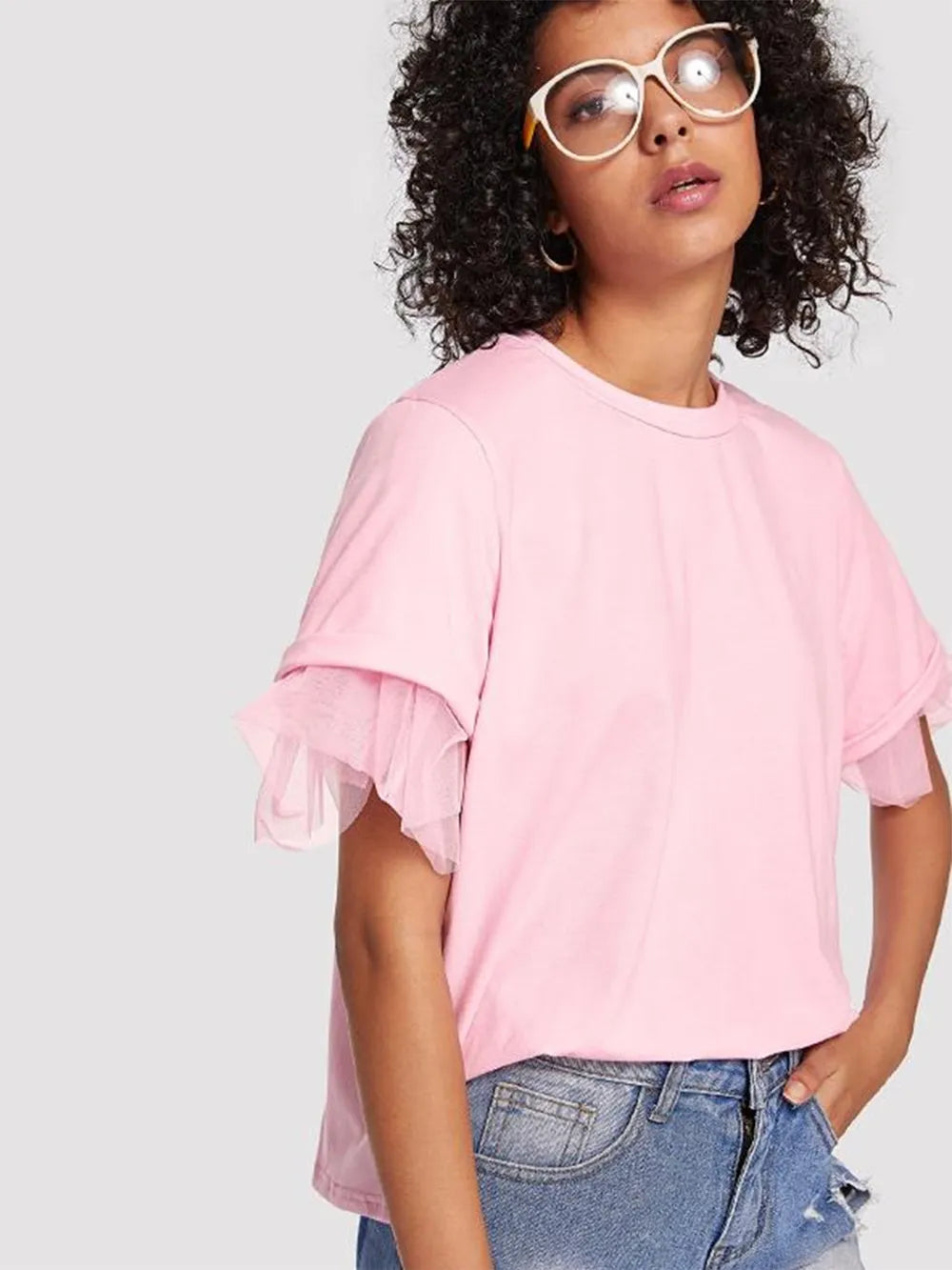 Pink ruffled round neck short-sleeve top