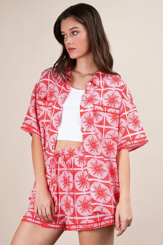 VERY J Tropical Printed Shirt Top and Shorts Set Shorts Sets