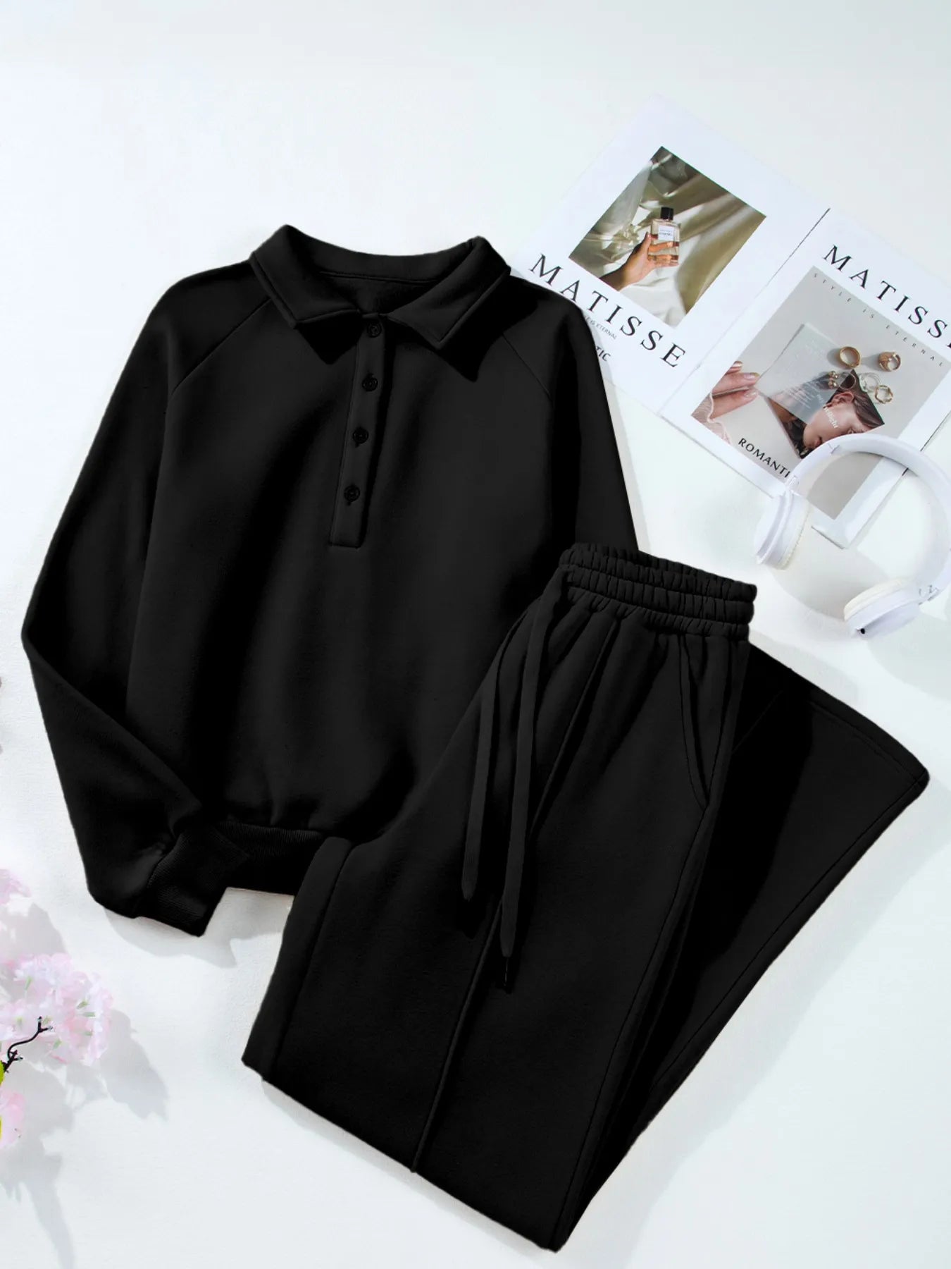 Collared Sweatshirt and High Waist Pants Active Set | Daverri Fashions