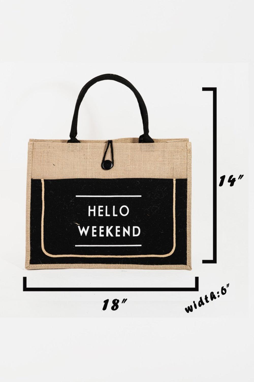 Hello Weekend Burlap Tote Bag Handbags