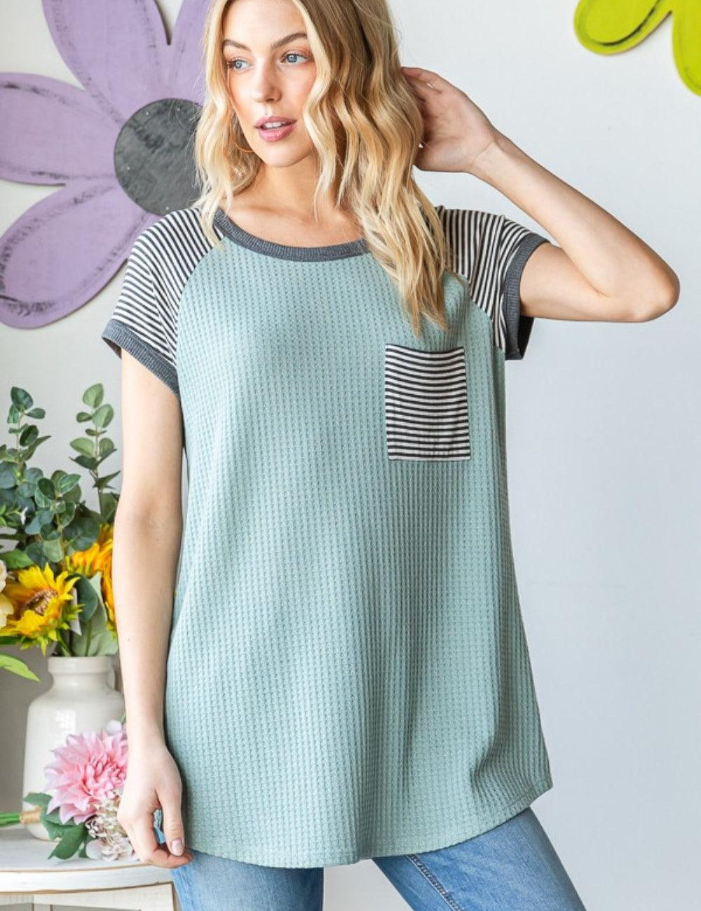 Sage Heimish Full Size Striped Short Sleeve Waffle T-Shirt | Daverri Fashions