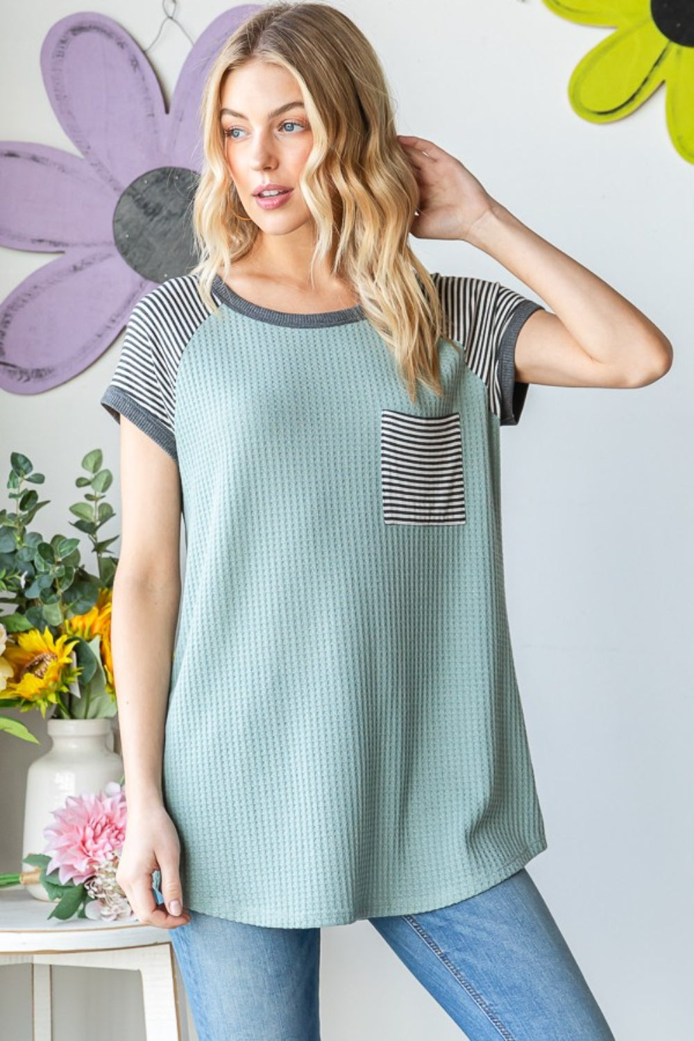 Heimish Full Size Striped Short Sleeve Waffle T-Shirt Sage