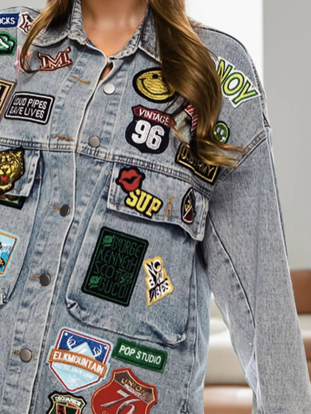 Embroidered Patch Button Up Long Sleeve Denim Jacket | Denim Jackets Daverri Fashions