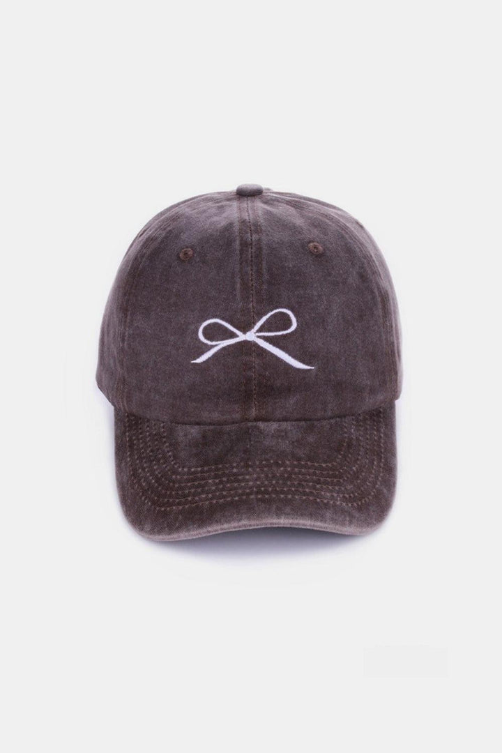 Zenana Bow Embroidered Washed Cotton Caps Brown One Size Hats