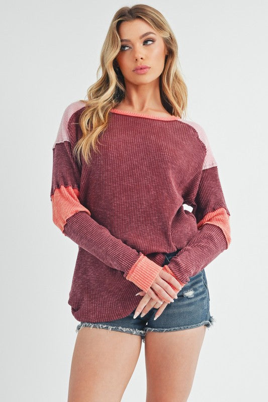 Aemi + Co Raw Seam Color Block Round Neck Knit Top Burgundy