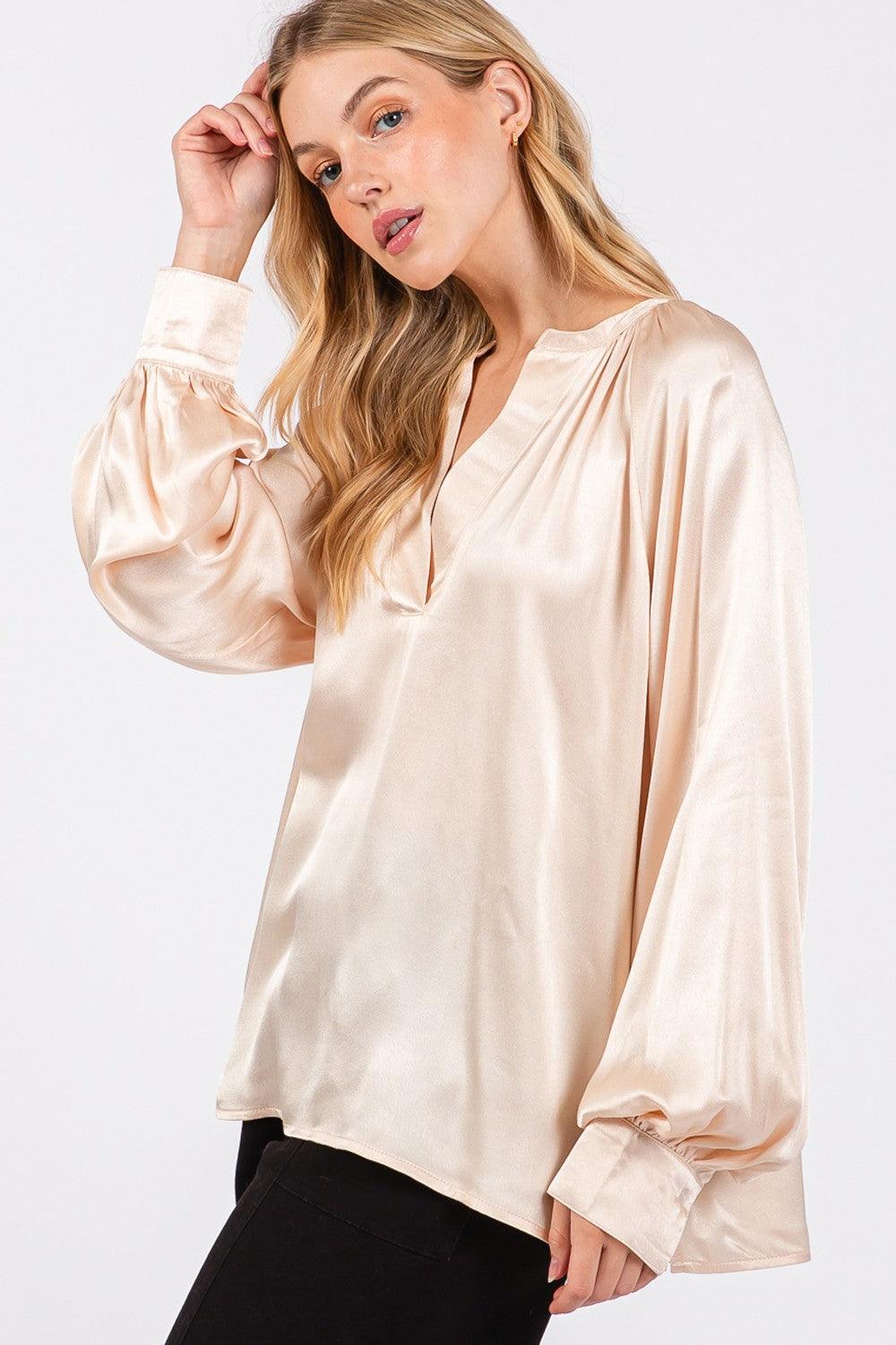 SAGE + FIG Notched Long Sleeve Blouse Blouses