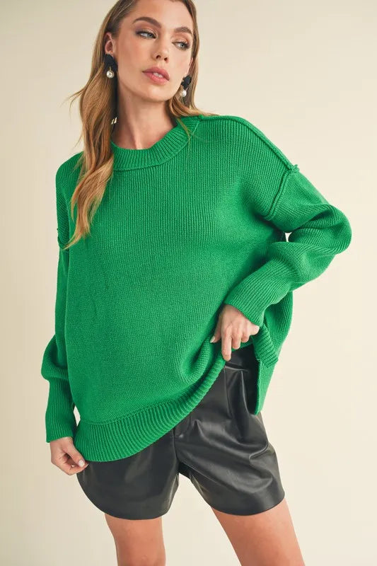 Aemi+Co Ribbed Hem Side Slit Round Neck Sweater