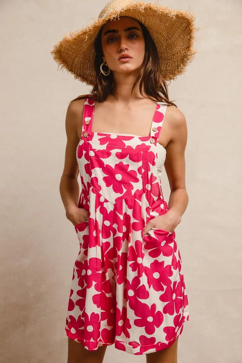 BiBi Floral Prints Tuck Detail Short Overall With Pockets Overalls